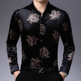 Camisa Masculina De Veludo Floral De Outono Roupas De Manga