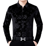 Camisa Masculina Floral De Veludo De Manga Comprida 
