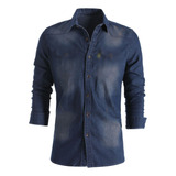 Camisa Masculina Jeans De Manga Comprida De Cor Sólida