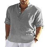 Camisa Masculina Jueshanzj Casual De Algodão E Linho Cor Lisa Manga Longa Ajuste Solto Gola Mandarim Cinza Medium