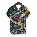 Camisa Masculina Plus Size Havaiana Estampada Dragão