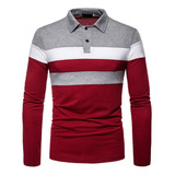 Camisa Masculina Polo Listrada De Lapela De Manga Comprida