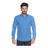 Camisa Masculina Slim Fit Com Bolso Azul Pronta Entrega