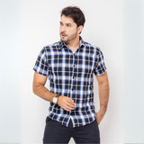 Camisa Masculina Xadrez Manga Curta Slim Fit Botões Social