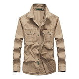 Camisa Militar Carga Masculina Manga Longa Com Botão