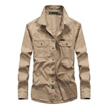 Camisa Militar Carga Masculina Manga Longa Com Botão