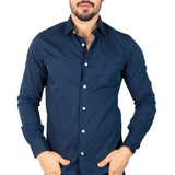 Camisa Slim Fit Algodão Monocromática Azul Marinho