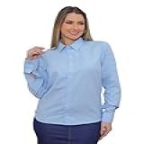 Camisa Social FEMININA De Algodão Com Manga Longa Slim Na Cor Azul Bebê Cod 5016FAB Tamanho GG