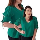 Camisa Social Feminina Gola V Manga Bufante 2 4 Trançada Fita