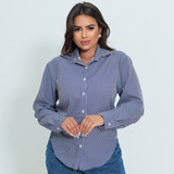 Camisa Social Listrada Botão Gola Manga Longa Tendencia