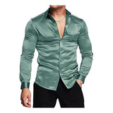Camisa Social Masculina Luxuosa De Cetim De Seda Brilhante D