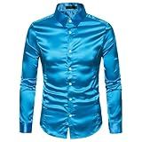 Camisa Social Masculina Luxuosa De Cetim De Seda Brilhante Manga Longa Abotoada Festa De Casamento Camisa De Formatura- Azul- G