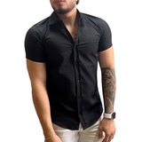 Camisa Social Masculina Manga Curta Slim Fit De Elastano