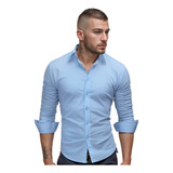 Camisa Social Masculina Manga Longa Slim Fit Com Elastano