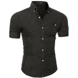 Camisa Social Masculina Slim Fit Manga Curta Com Elastano