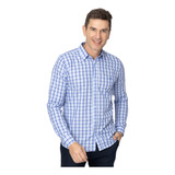 Camisa Social Masculina Slim Fit Mista Xadrez Azul