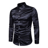 Camisa Social Masculina Slim Fit Seda Como Cetim Manga