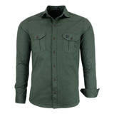 Camisa Social Masculina Slim Manga Longa Estilo Militar