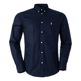 Camisa Social Polo Masculina Azul Marinho Manga Longa Oxford