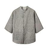 Camisa Tradicional Masculina Estilo Chinês Manga Curta Cor Sólida Cinza Claro M