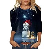 Camisas De Manga Três Quartos Para Mulheres Pulôver Estampadas Camisetas Gola Redonda Para Treino Camisetas Plus Size Azul Escuro XG