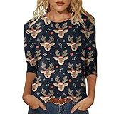 Camisas De Manga Três Quartos Para Mulheres Pulôver Estampadas Camisetas Gola Redonda Para Treino Camisetas Plus Size Azul Marinho XG