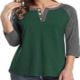 Camisas Femininas De Manga 3 4 Casual Gola V Raglã Cores Contrastantes Blusa De Botão Verde Escuro M
