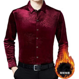 Camisas Masculinas De Veludo Dourado Floral Manga Comprida 