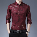 Camisas Sociais Masculinas Slim Fit Chinês Dragão Estampado