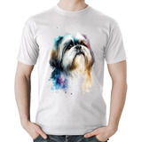 Camiseta Algodão Cachorro Shih Tzu Watercolor Masculina