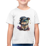 Camiseta Algodão Infantil Gato Persa Watercolor Camisa