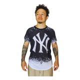 Camiseta Camisa Long Line Oversize New York Yankes Preto Bco