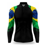 Camiseta Camisa Pesca Proteção Preta Lisa Manga Brasil Uvb50