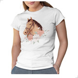 Camiseta Cavalo Marrom Rosas Country Flowers