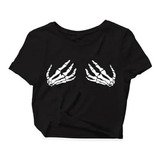Camiseta Cropped Mão Caveira Tumbl Rock Punk Gótico Blusinha