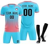 Camiseta De Futebol Personalizada Para Homens Mulheres E Crianças Camisetas E Shorts De Futebol Personalizados Com Logotipo De Número De Nome Azul Lago E Preto 02 One Size