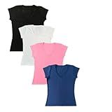 Camiseta Feminina Cotton 96 Algodão Gola V Kit 4 Blusas Preto Rosa Branco Vermelho BR Alfa M Regular Marinho Preto Branco Pink 