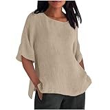 Camiseta Feminina De Linho Grande Túnica Rodada Gola Canoa Casual Meia Manga Camisas De Verão Com Fenda Lateral Cáqui A1 M