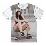 Camiseta Girl Sexy Skate Long Board Black Hair Leg Branca