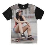 Camiseta Girl Sexy Skate Long Board Sk8 Black Hair Free Leg