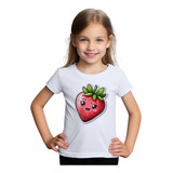 Camiseta Infantil Branca Moranguinho Cartoon Adesivo