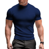 Camiseta Masculina Canelada Gola Alta Manga Curta Slim