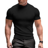 Camiseta Masculina Canelada Gola Alta Manga Curta Slim