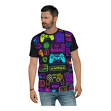 Camiseta Neon Brilha Luz Negra Gamer Videogame Geek Nerd