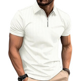 Camiseta Polo Manga Curta Com Ziper Masculina Malha Canelada
