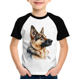 Camiseta Raglan Infantil Cachorro Pastor Alemão
