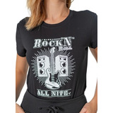 Camiseta T shirt Feminina Rock And Roll Guitarra Preta