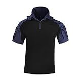 Camisetas De Combate Masculinas Táticas Manga Curta Cargo Militar Airsoft Camiseta Com Capuz Ao Ar Livre Azul GG