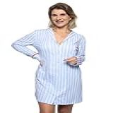 Camisola Algodão Feminina Americana Manga Longa Com Botão Botões Inverno Adulto Indicado Gestante Amamentação E Pós Cirúgico Listrado Azul Azul E Branco GG