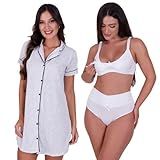 Camisola Americana Botões Sutiã Amamentação Calcinha Pós Parto CINZA GG
